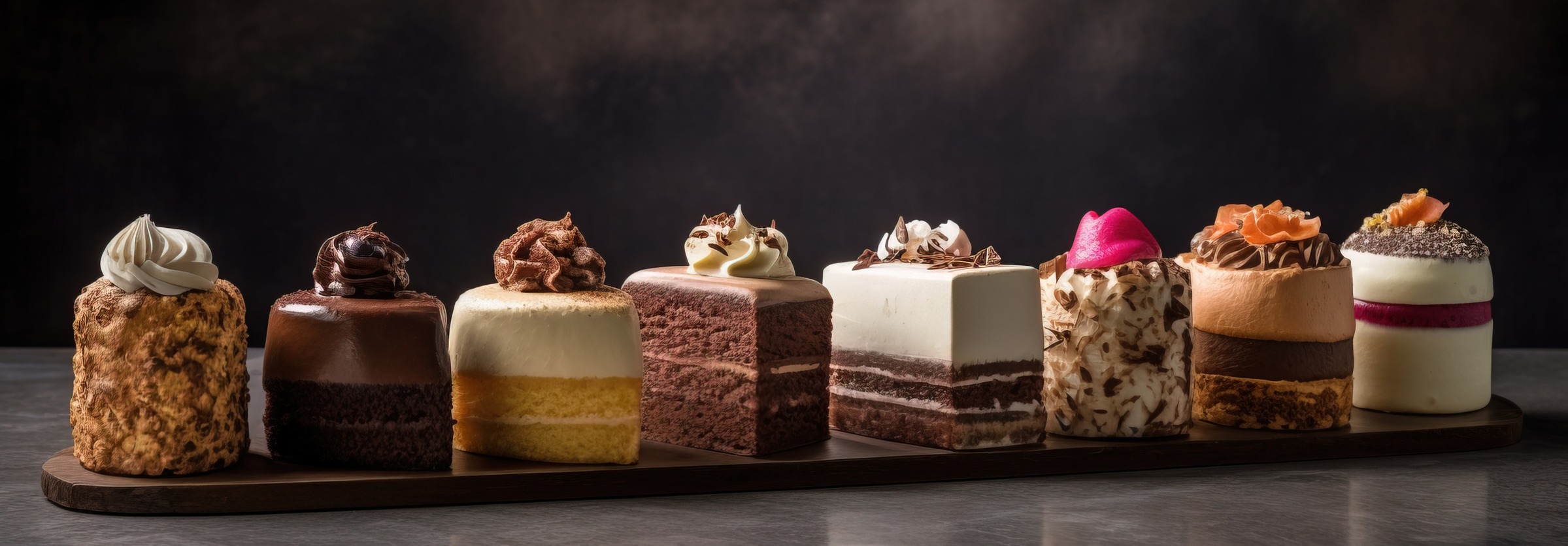 Una fila di monoporzioni di pasticceria su un'alzata di legno