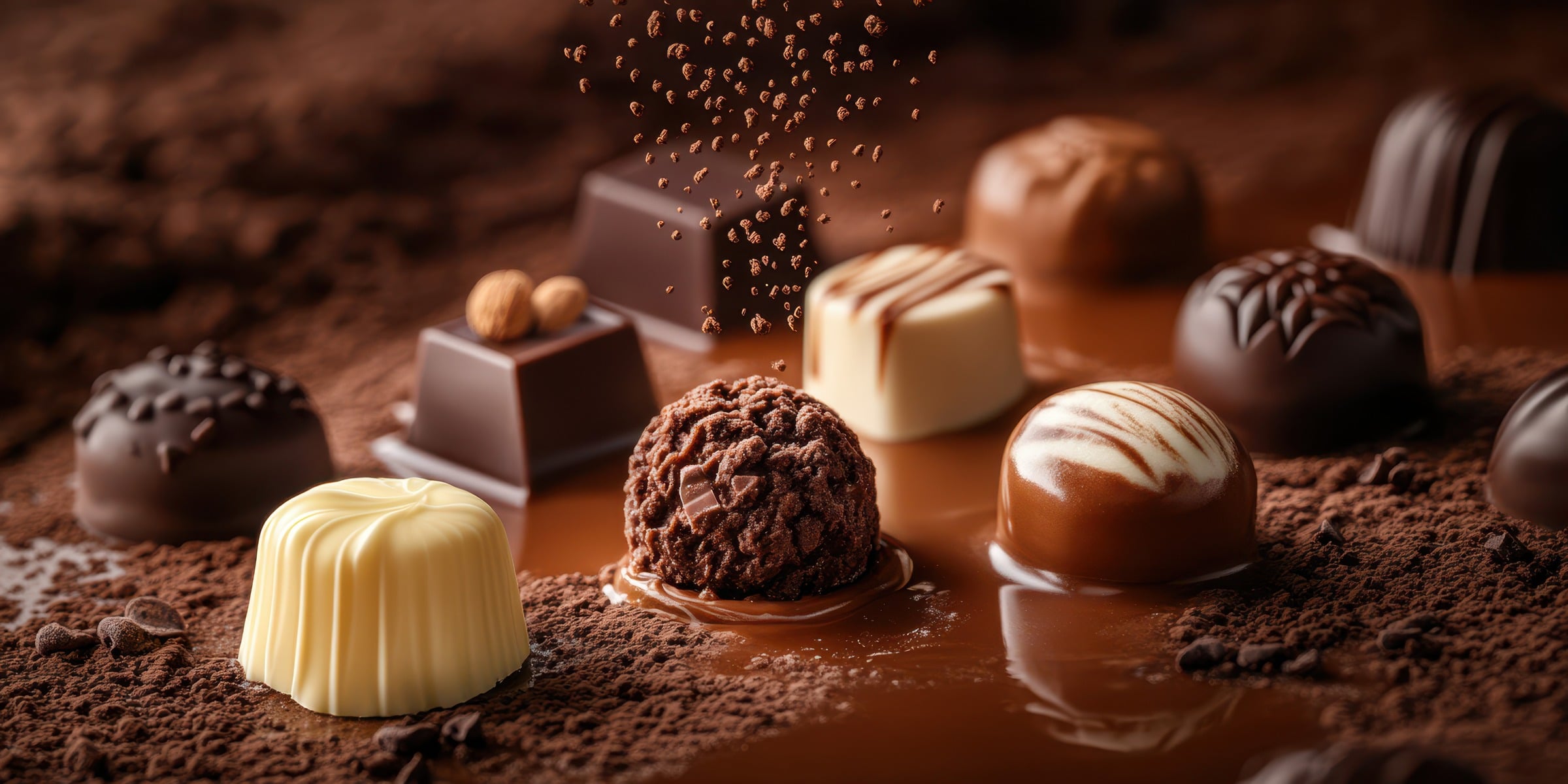Cioccolatini assortiti su una colata di cioccolato