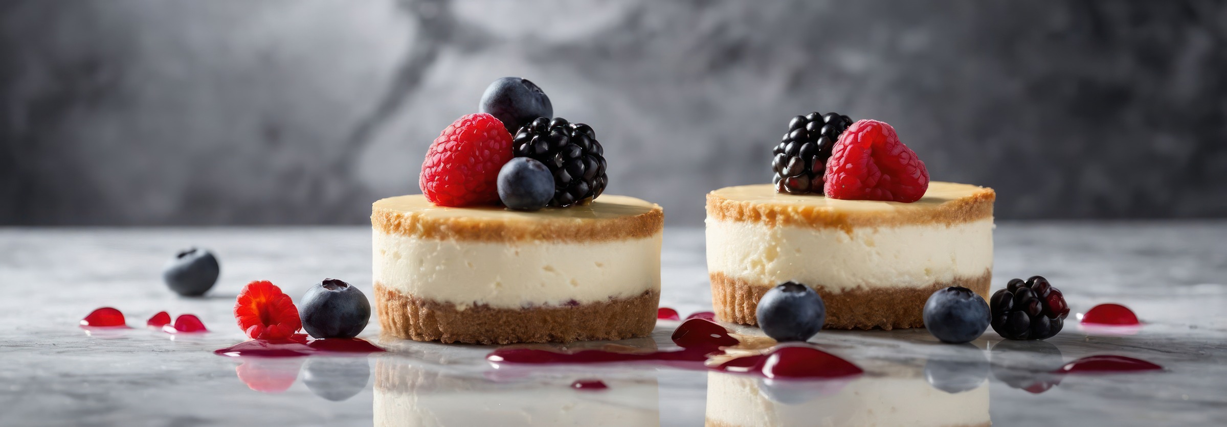 Due cheesecake con frutti di bosco su un piano di marmo
