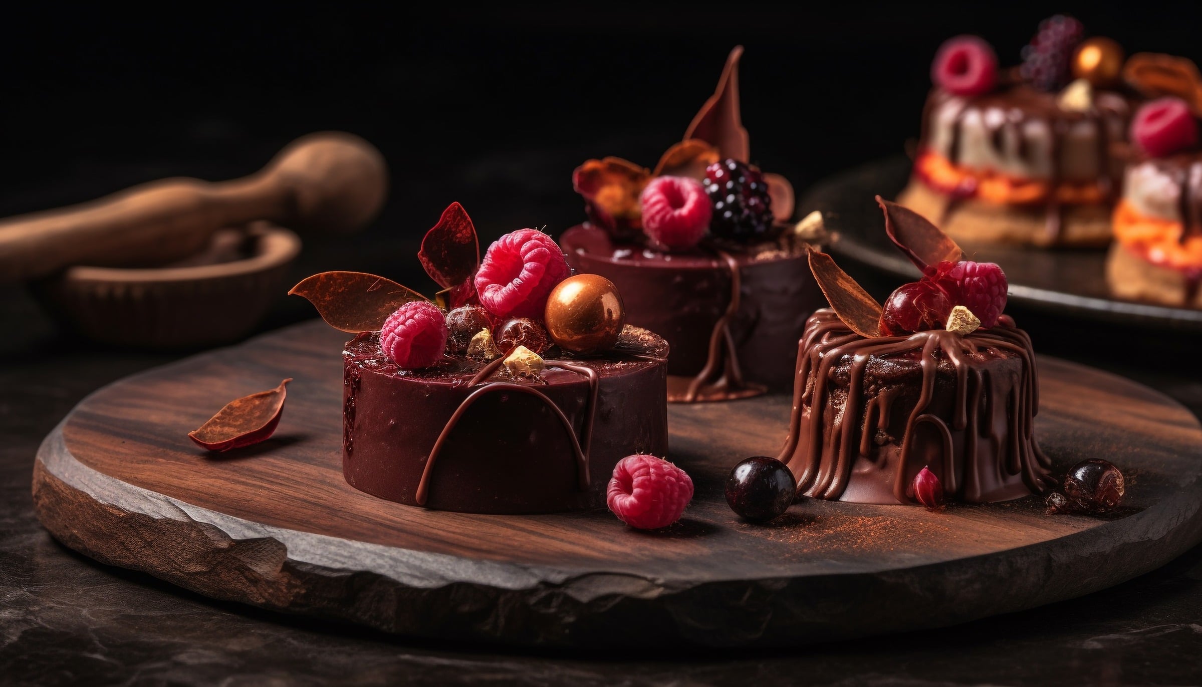 Tortine al cioccolato con lamponi su un tagliere di legno