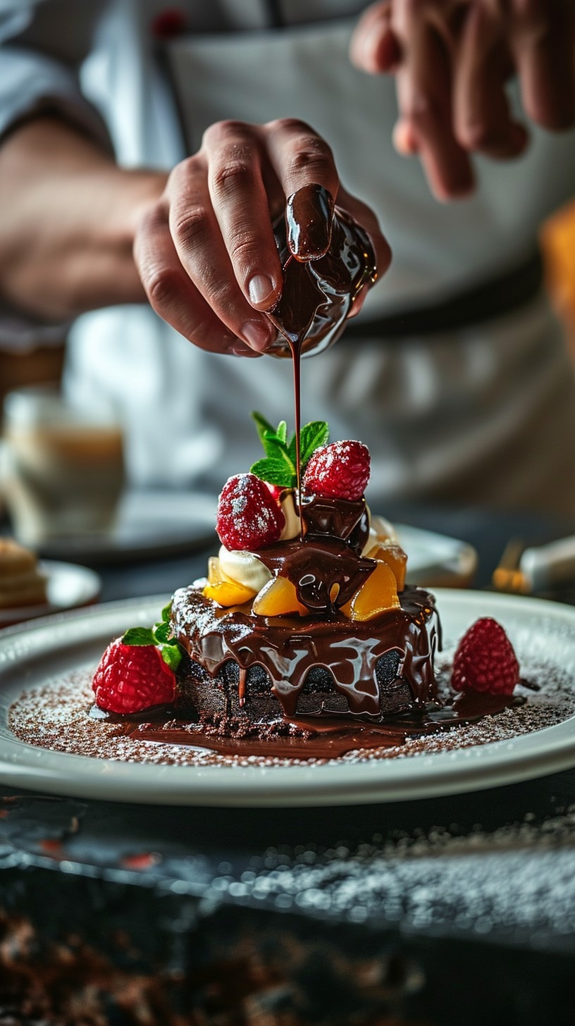 Un dolce al cioccolato con fragole e una colata di cioccolato